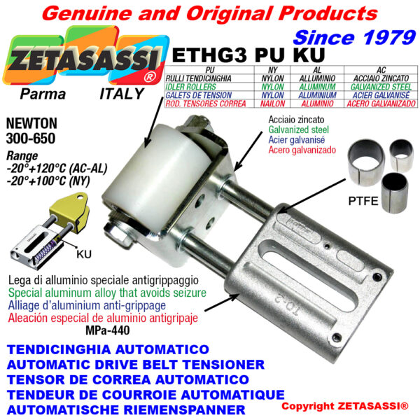 TENSOR DE CORREA AUTOMATICO LINEAL ETHG3PUKU con horquilla y rodillo tensor (casquillos PTFE) ZETASASSI ETHG3PU6090ALKU