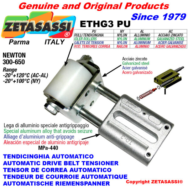 TENSOR DE CORREA AUTOMATICO LINEAL ETHG3PU con horquilla y rodillo tensor ZETASASSI ETHG3PU6090AL