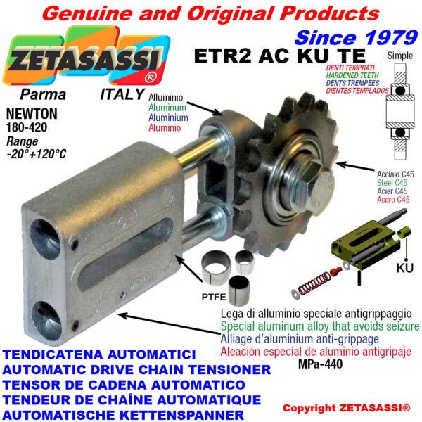 TENSOR DE CADENA AUTOMATICO LINEAL ETR2ACKUTE con piñón tensor endurecido ACTE (casquillos PTFE) ZETASASSI ETR2AC1SKUTE
