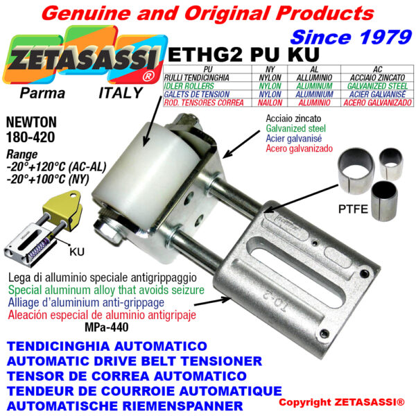 TENSOR DE CORREA AUTOMATICO LINEAL ETHG2PUKU con horquilla y rodillo tensor (casquillos PTFE) ZETASASSI ETHG2PU5065ALKU